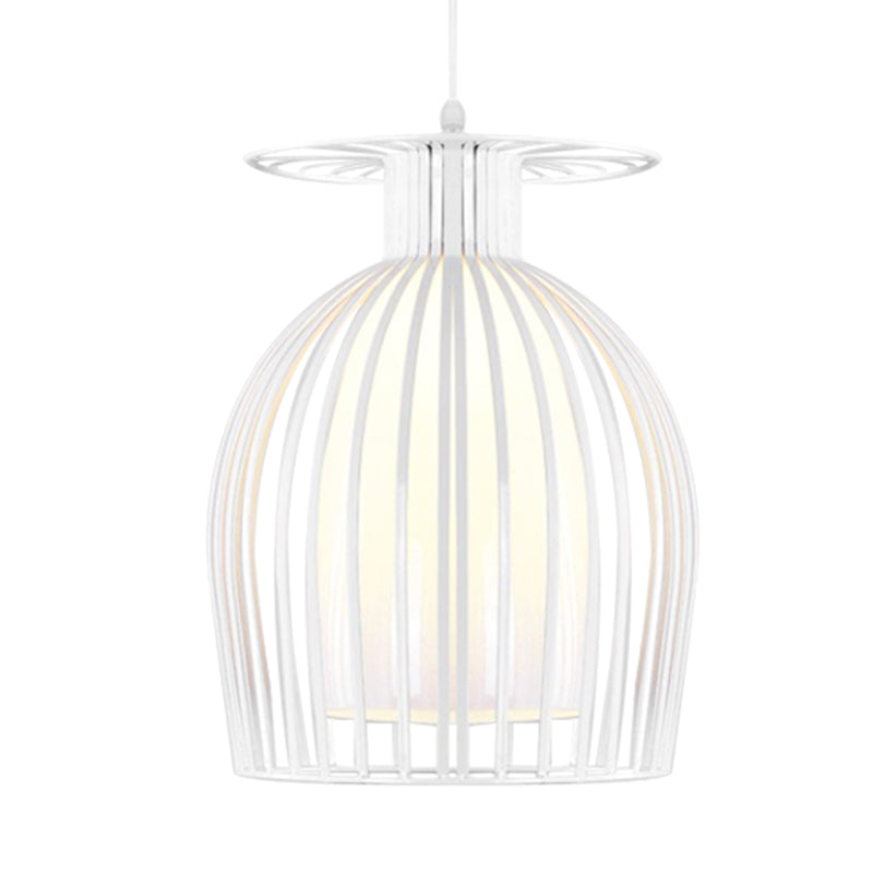 Iron Cup Cage Downlight Pendant With Opal Glass Shade - Modern 1 Light In White For Restaurants