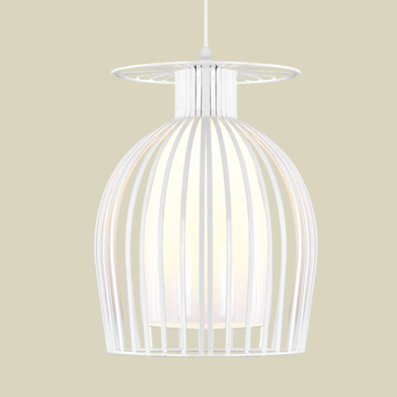Iron Cup Cage Downlight Pendant With Opal Glass Shade - Modern 1 Light In White For Restaurants