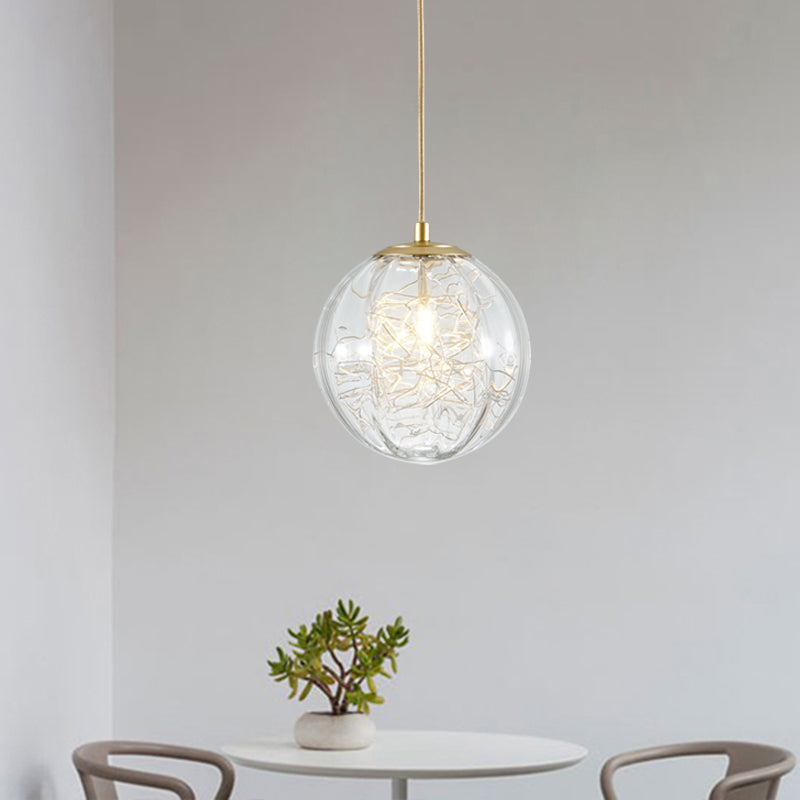 Modern Brass Pumpkin Ball Pendant Lamp With Clear Glass For Bedside Lighting