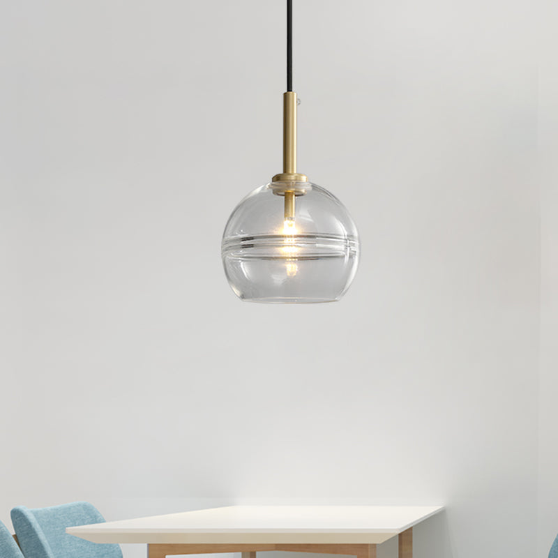 Modernist Brass Pendant Lamp With Clear/Smoke Gray Ruffle Glass Shade - 1 Light Living Room Hanging