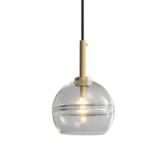 Modernist Brass Pendant Lamp With Clear/Smoke Gray Ruffle Glass Shade - 1 Light Living Room Hanging