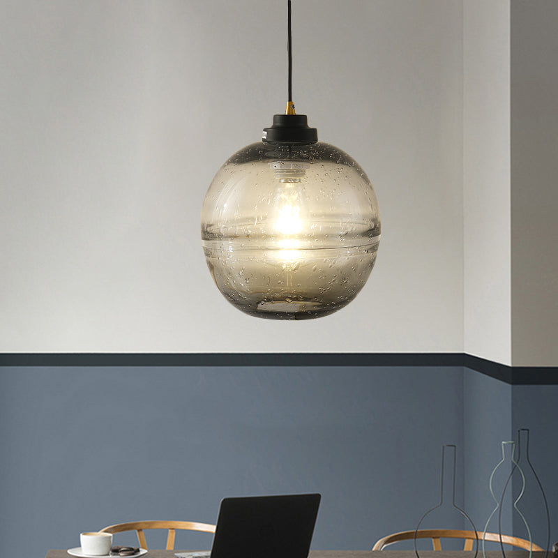 Modern Black Ball Suspension Light With Smoke Gray Bubble Glass Pendant