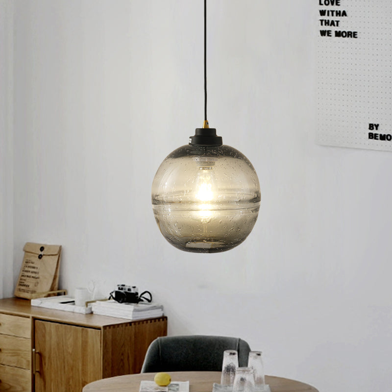 Modern Black Ball Pendant Light with Smoke Gray Bubble Glass - Single Head Suspension