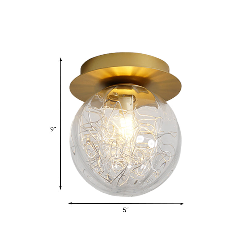 Modern Gold Pumpkin Ball Flush Light Fixture with Clear Glass Shade and Metal Line Inside