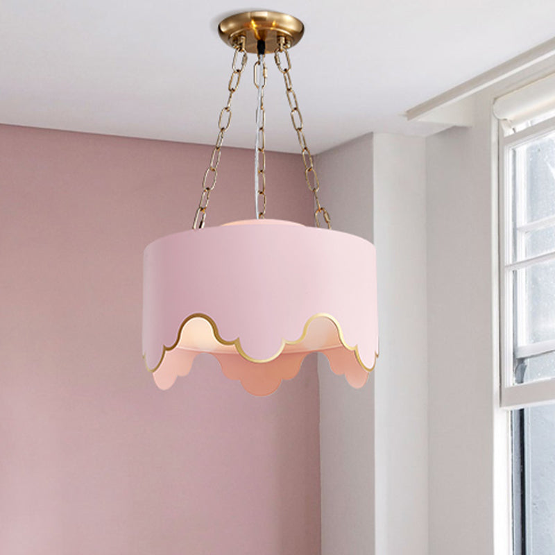 Lampe suspendue postmoderne à 1 ampoule en fer avec bordure volantée, rose/blanc, pour salle à manger