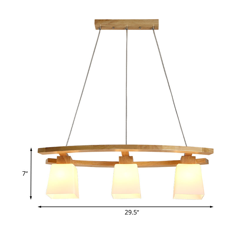 Minimalist White Glass Trapezoid Cluster Pendant with 3 Bulbs - Wood Suspension Lighting for Kitchen