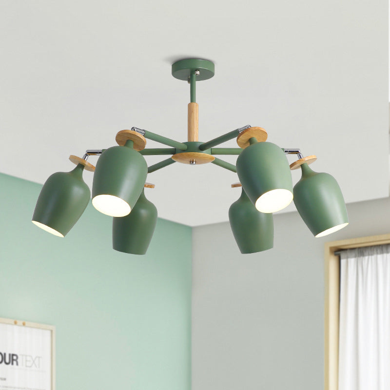 Luminaire semi-encastré contemporain à tulipe verte avec support en fer et détails en bois - Éclairage à 6/8 ampoules