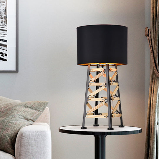 Modernist Tower Nightstand Lamp - 1 Head Metal Light In White/Black With Fabric Shade