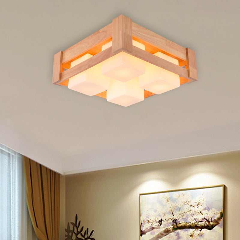 Modern White Glass Square Flushmount LED Lamp with Wood Accents for Living Room