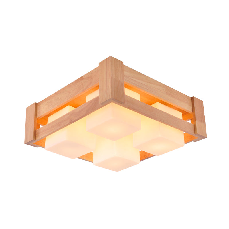 Modern White Glass Square Flushmount LED Lamp with Wood Accents for Living Room