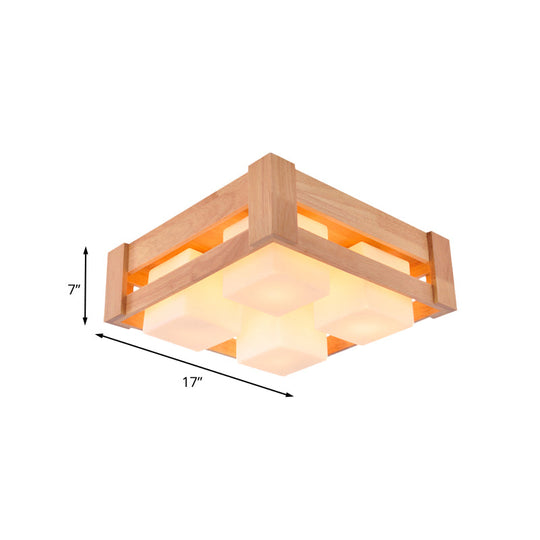 Modern White Glass Square Flushmount LED Lamp with Wood Accents for Living Room