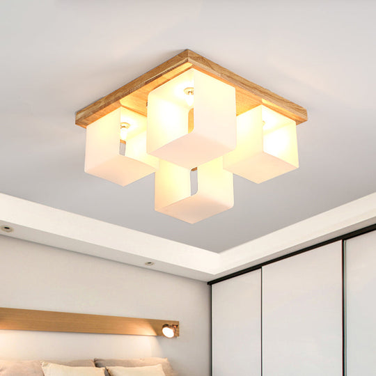 Japanese White Glass Wood LED Flush Ceiling Cube Frame Fixture - 4-Head Flush Mount Lighting