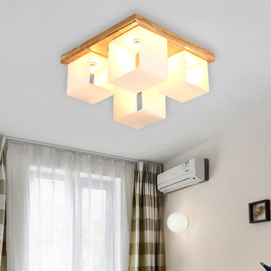 Japanese White Glass Wood LED Flush Ceiling Cube Frame Fixture - 4-Head Flush Mount Lighting