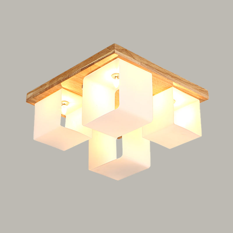 Japanese White Glass Wood LED Flush Ceiling Cube Frame Fixture - 4-Head Flush Mount Lighting