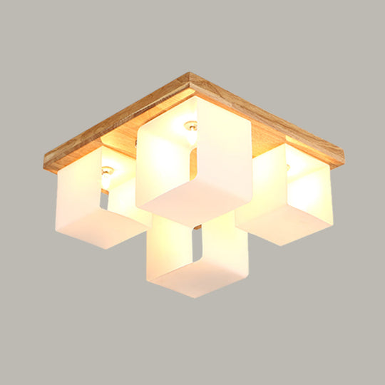 Japanese White Glass Wood LED Flush Ceiling Cube Frame Fixture - 4-Head Flush Mount Lighting