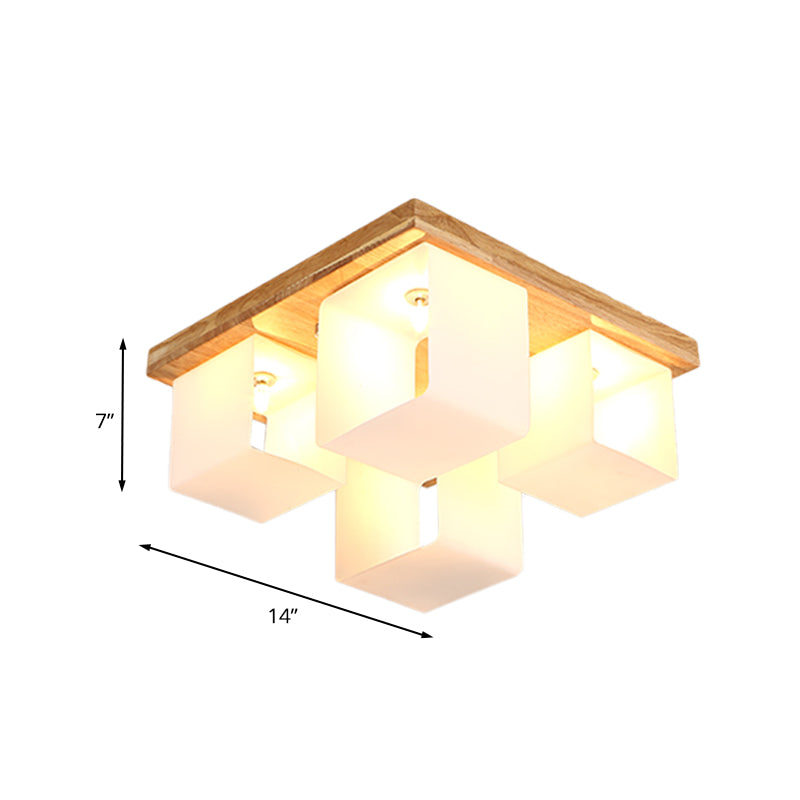 Japanese White Glass Wood LED Flush Ceiling Cube Frame Fixture - 4-Head Flush Mount Lighting