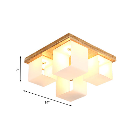 Japanese White Glass Wood LED Flush Ceiling Cube Frame Fixture - 4-Head Flush Mount Lighting