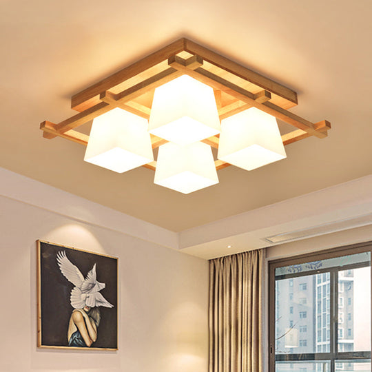 Trapezoid Glass Flush Light: Japanese 4/6-Bulb Ceiling Fixture with Wood Grid Frame