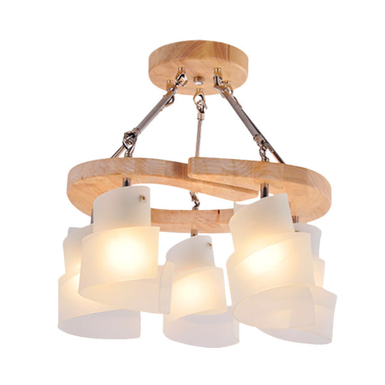 Modern Spiral Panel Chandelier With Frosted Glass Wood Shelf And Multiple Bulb Options