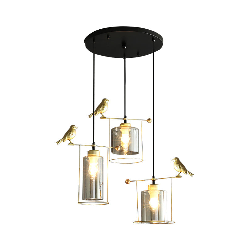 Cream/Smoke Gray Glass Dining Room Pendant With 3 Bulbs - Modern Suspension Lamp Gold Bird