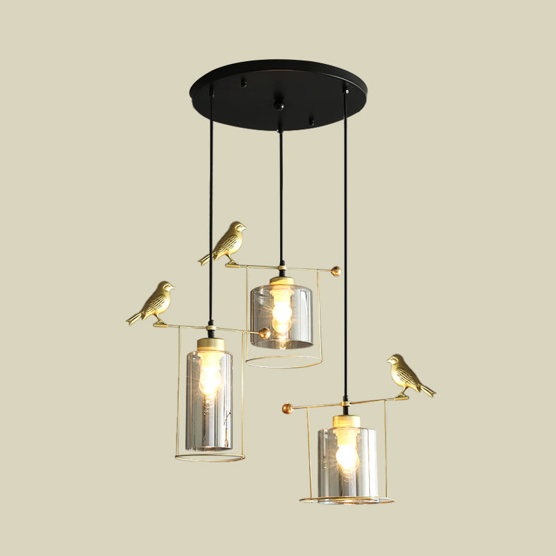 Cylinder Cluster Pendant Dining Room Lamp - Cream/Smoke Gray Glass, Modernism Design with Gold Bird Deco (3 Bulbs)
