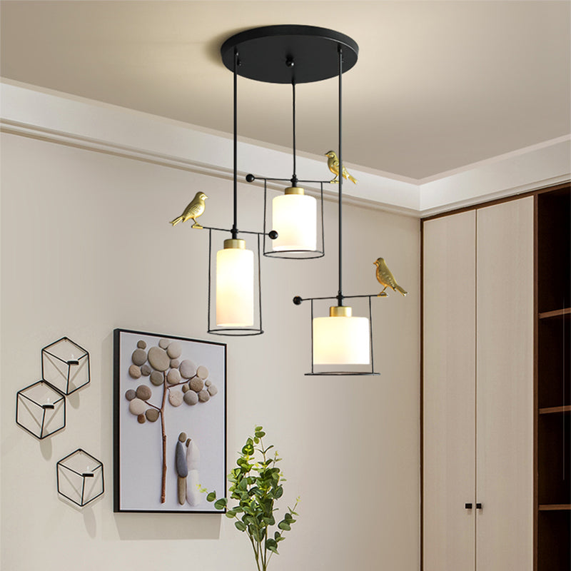 Cream/Smoke Gray Glass Dining Room Pendant With 3 Bulbs - Modern Suspension Lamp Gold Bird