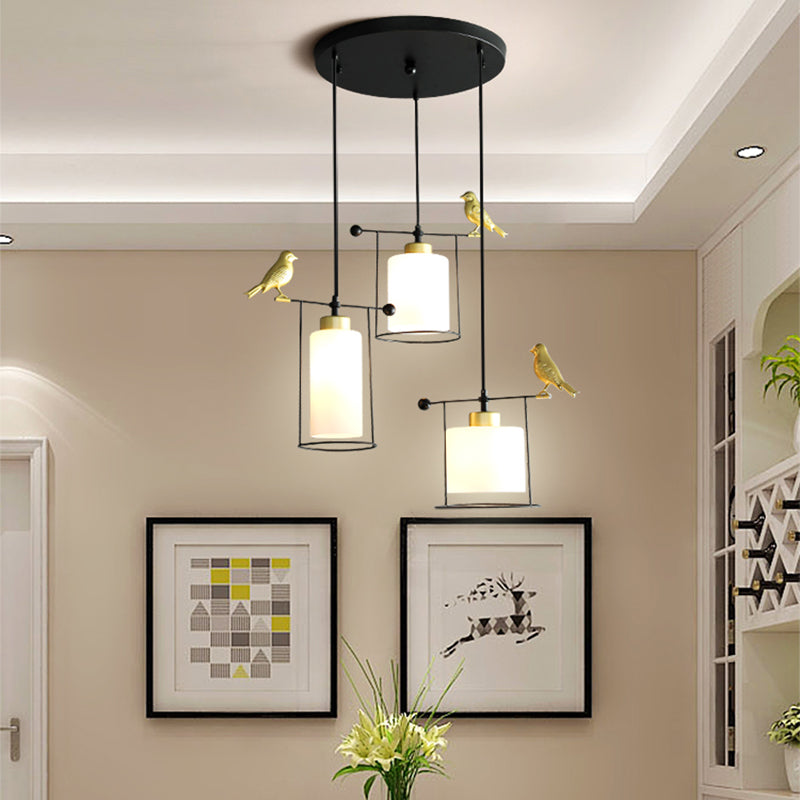Cylinder Cluster Pendant Dining Room Lamp - Cream/Smoke Gray Glass, Modernism Design with Gold Bird Deco (3 Bulbs)