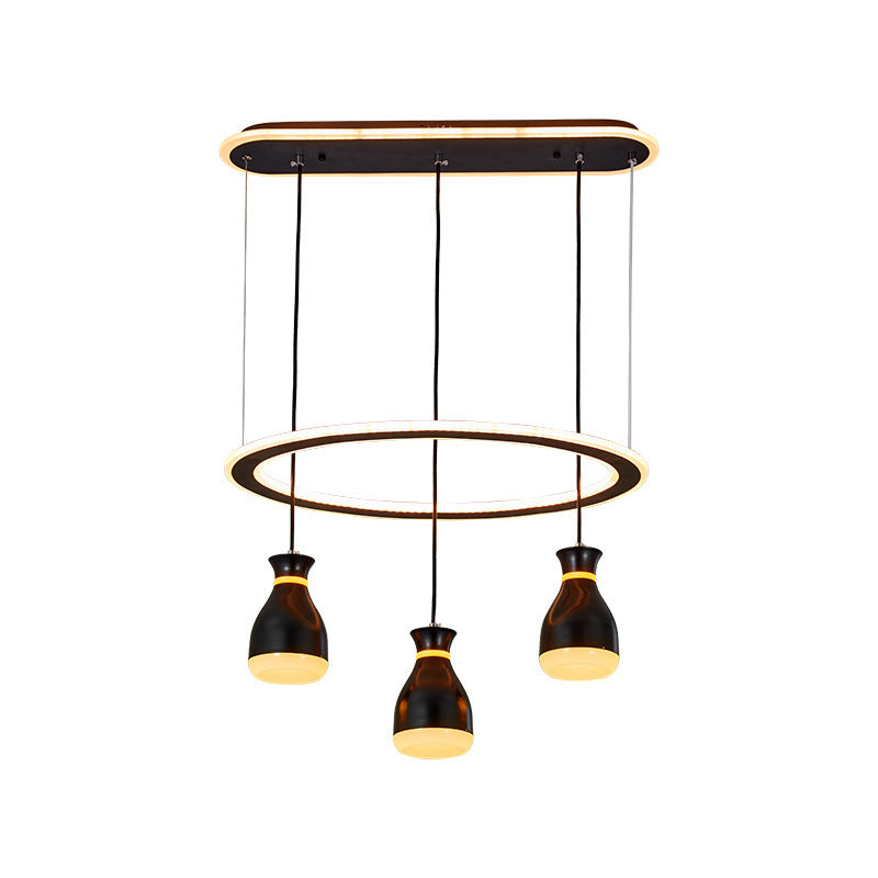 Lampe suspendue à LED en forme de pot à vin moderniste - Acrylique noir, 3 lumières, lampe de salle à manger avec détail en boucle