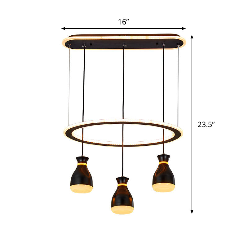 Lampe suspendue à LED en forme de pot à vin moderniste - Acrylique noir, 3 lumières, lampe de salle à manger avec détail en boucle