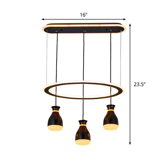 Lampe suspendue à LED en forme de pot à vin moderniste - Acrylique noir, 3 lumières, lampe de salle à manger avec détail en boucle