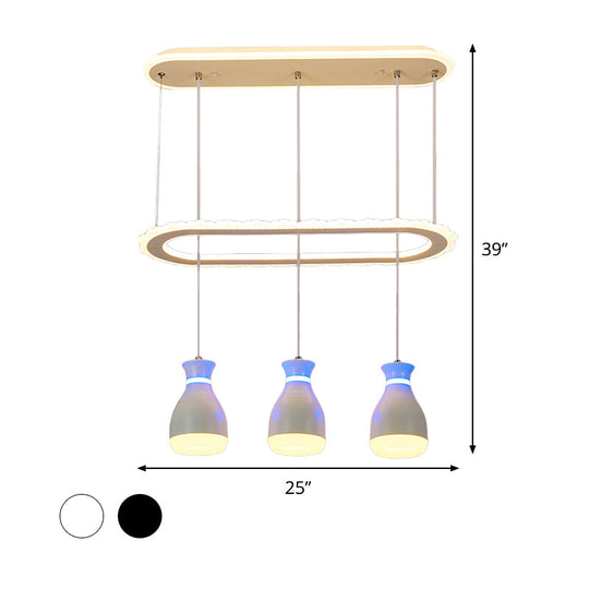 Suspension minimaliste à 3 lampes en forme de pot à vin avec plafonnier à LED et étagère ovale en blanc/noir