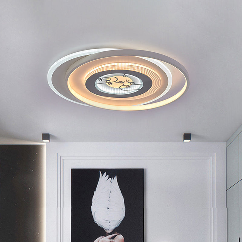 Modern Led Acrylic Flushmount Light Fixture - White Circular With Deer And Tree Pattern