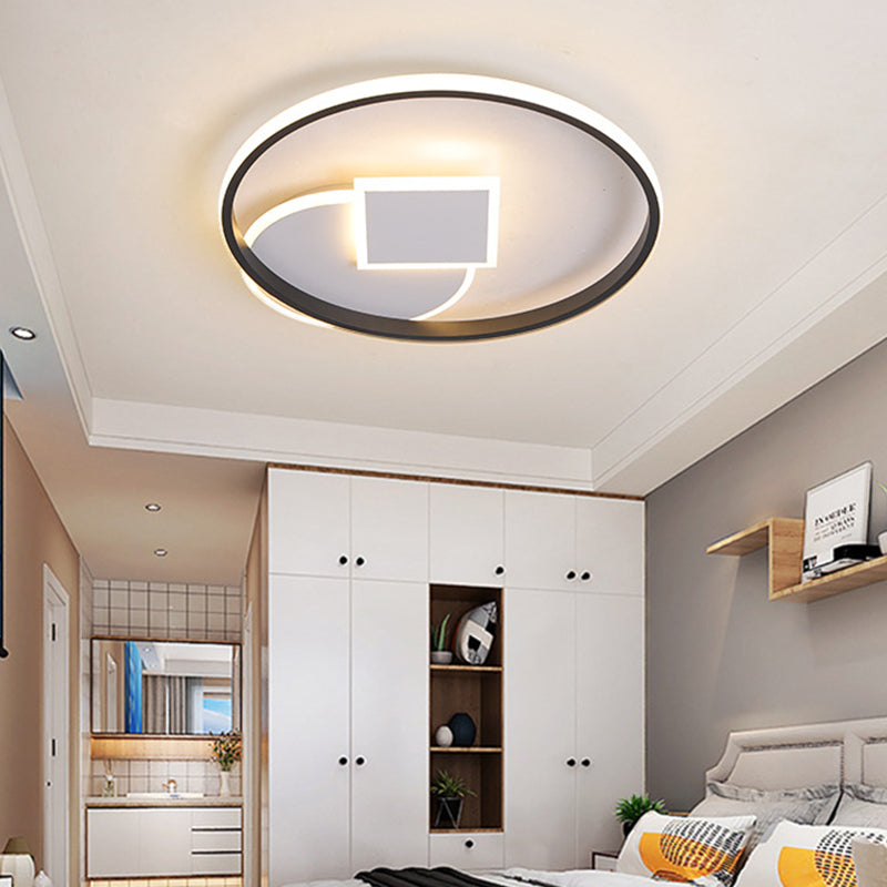 Simple Acrylic LED Flush Mount Ceiling Lamp, Round and Square Design, White-Black, White/Warm Light, 16.5"/20.5" Wide