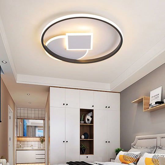 Simple Acrylic LED Flush Mount Ceiling Lamp, Round and Square Design, White-Black, White/Warm Light, 16.5"/20.5" Wide