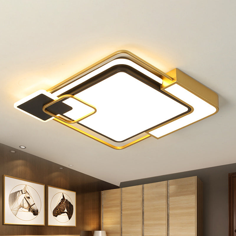 Modern Black and Gold LED Flushmount Lighting, Squared Metallic Design, 16"/19.5" Wide