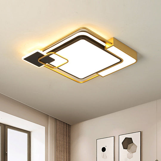 Modern Black and Gold LED Flushmount Lighting, Squared Metallic Design, 16"/19.5" Wide