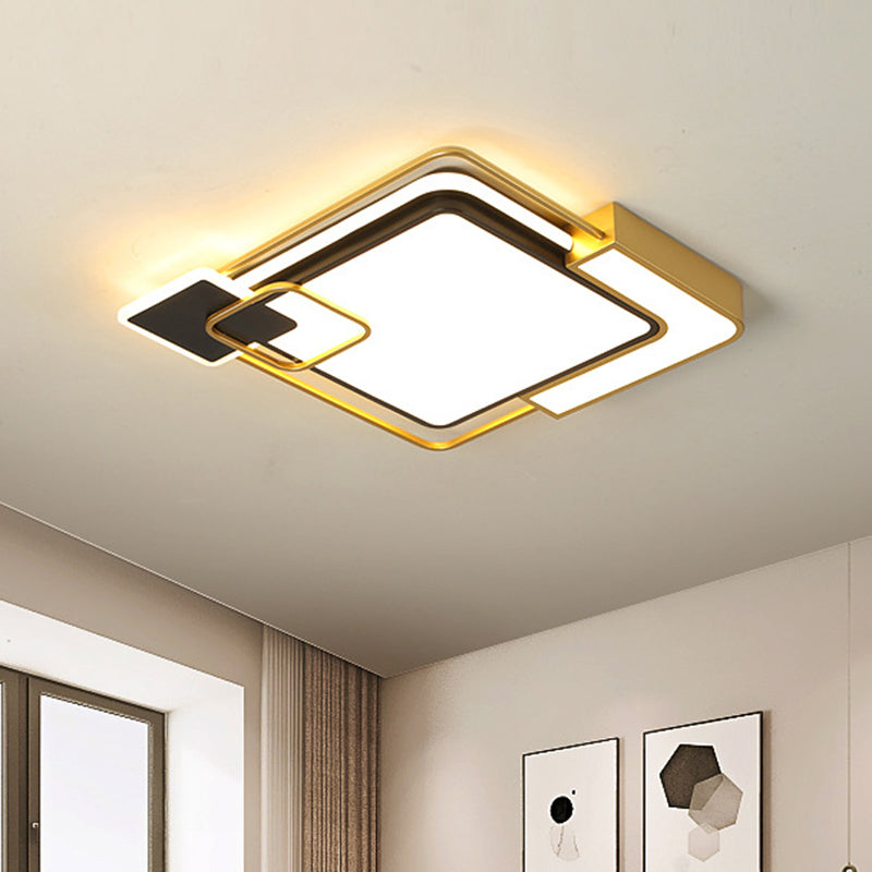 Modern Black And Gold Led Flushmount Lighting Squared Metallic Design 16/19.5 Wide