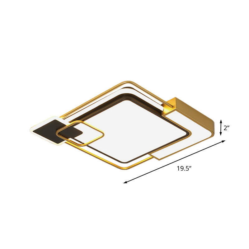 Modern Black and Gold LED Flushmount Lighting, Squared Metallic Design, 16"/19.5" Wide