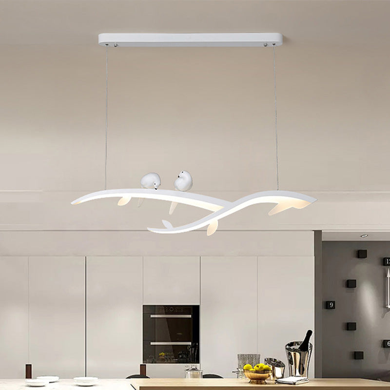 Modern Branch Hanging Pendant Lamp With Acrylic Led White Finish And Bird Deco Warm/White Light -