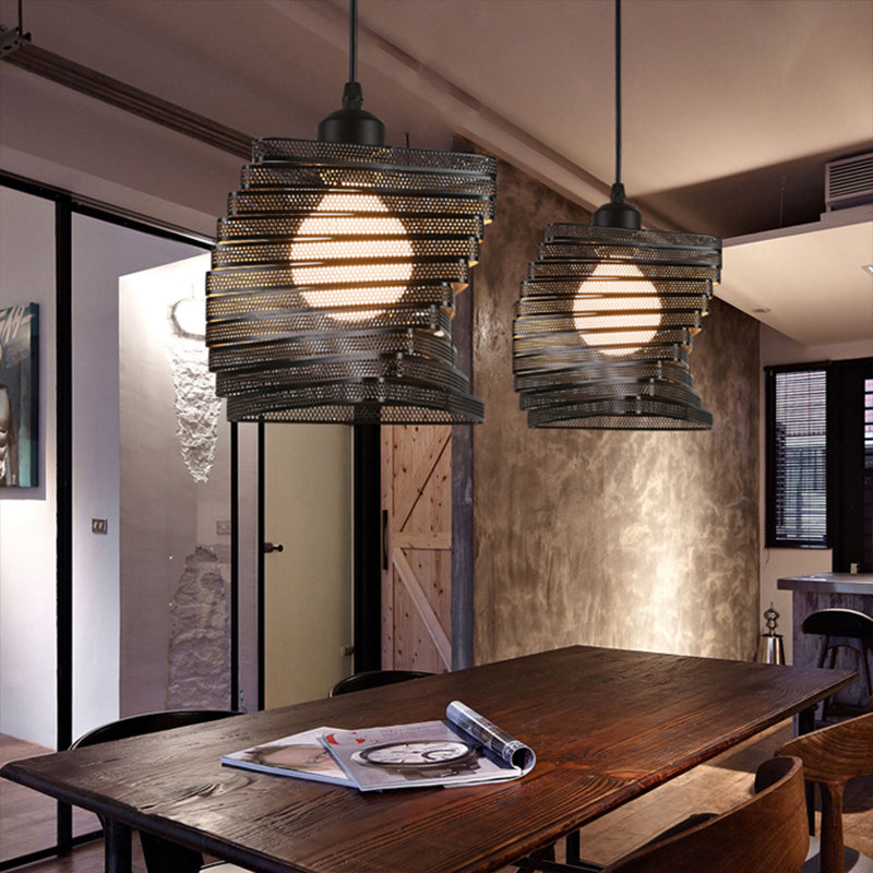 Industrial Twist Mesh Pendant Light - Black/White Metal Hanging Lamp With Triangle Shade Black
