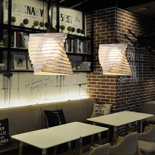 Industrial Twist Mesh Pendant Light - Black/White Metal Hanging Lamp With Triangle Shade White