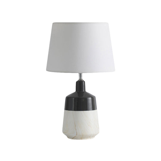 Contemporary 1-Head Bedside Night Lamp In White With Ceramic Base: Fabric Drum Table Lighting