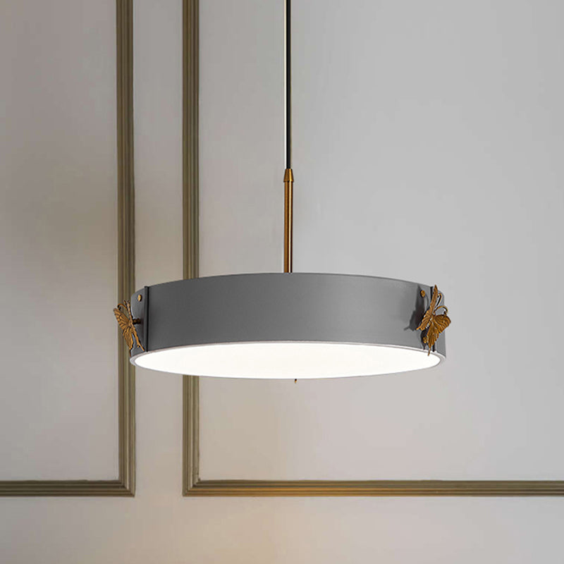 Minimalist Acrylic LED Drum Pendant Lamp with Grey Finish - Stylish Hanging Light Fixture with Butterfly Design