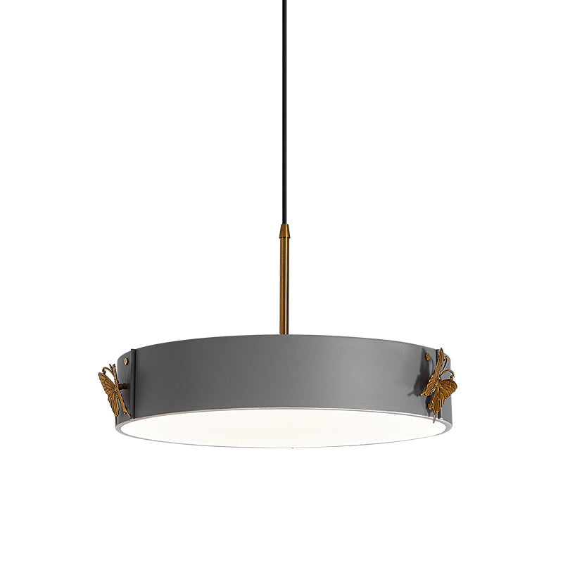 Minimalist Grey Acrylic Led Drum Pendant Lamp With Butterfly Design