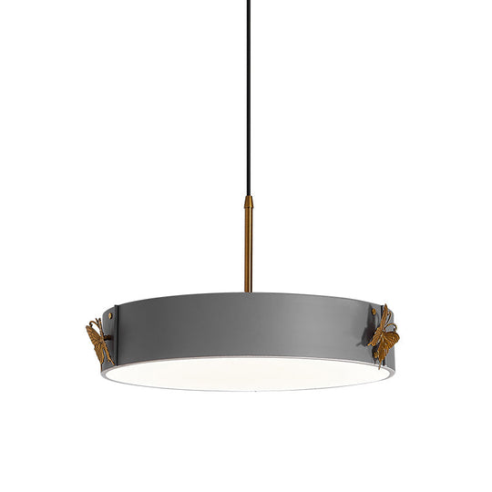 Minimalist Grey Acrylic Led Drum Pendant Lamp With Butterfly Design