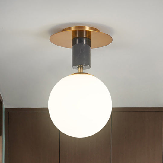 Minimalist Frosted Glass Spherical Flush Mount Lighting in Gold - Bedroom Ceiling Fixture