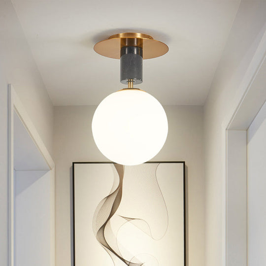 Minimalist Frosted Glass Spherical Flush Mount Lighting in Gold - Bedroom Ceiling Fixture