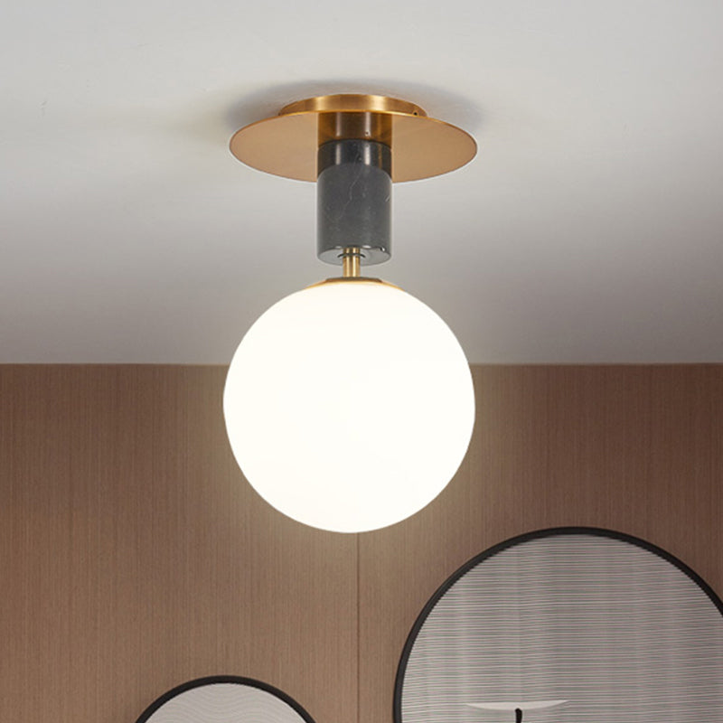 Minimalist Frosted Glass Spherical Flush Mount Lighting in Gold - Bedroom Ceiling Fixture