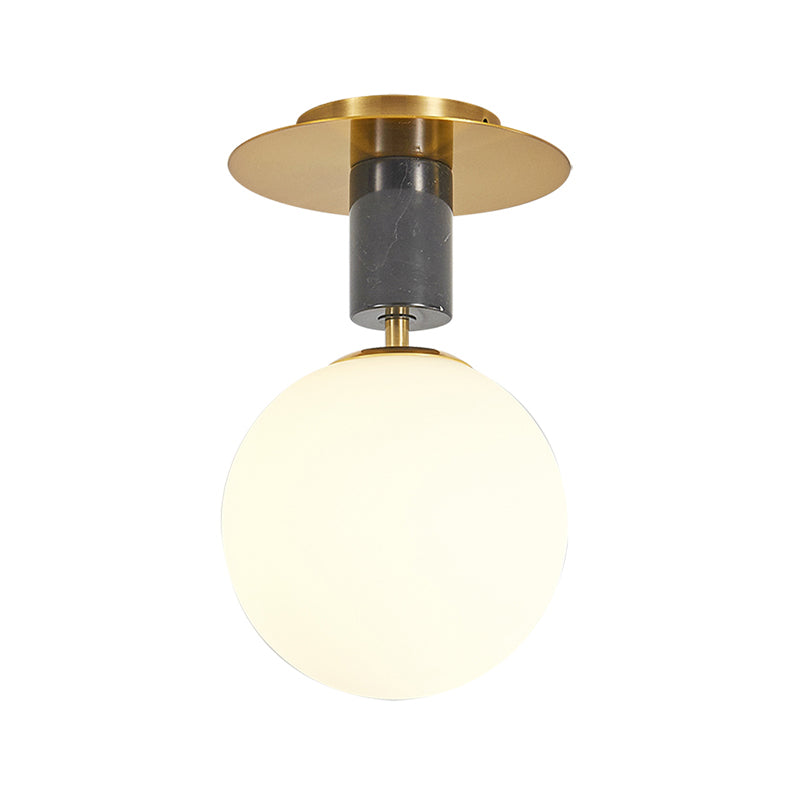 Minimalist Frosted Glass Spherical Flush Mount Lighting in Gold - Bedroom Ceiling Fixture