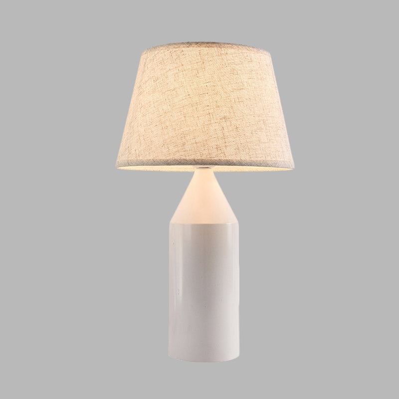 Modern 1-Head White Fabric Reading Lamp For Bedroom - Pencil Metallic Night Table Light